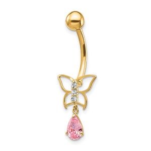 10k Yellow Genuine Gold with Dangle Drop Butterfly Pink Cz Belly Dangle Drop